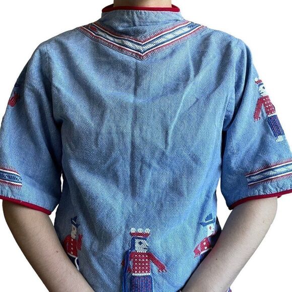 Vintage The Ranch Boutique Handwoven In Guatemala Denim Embroidered Boho Tunic S - Picture 8 of 9